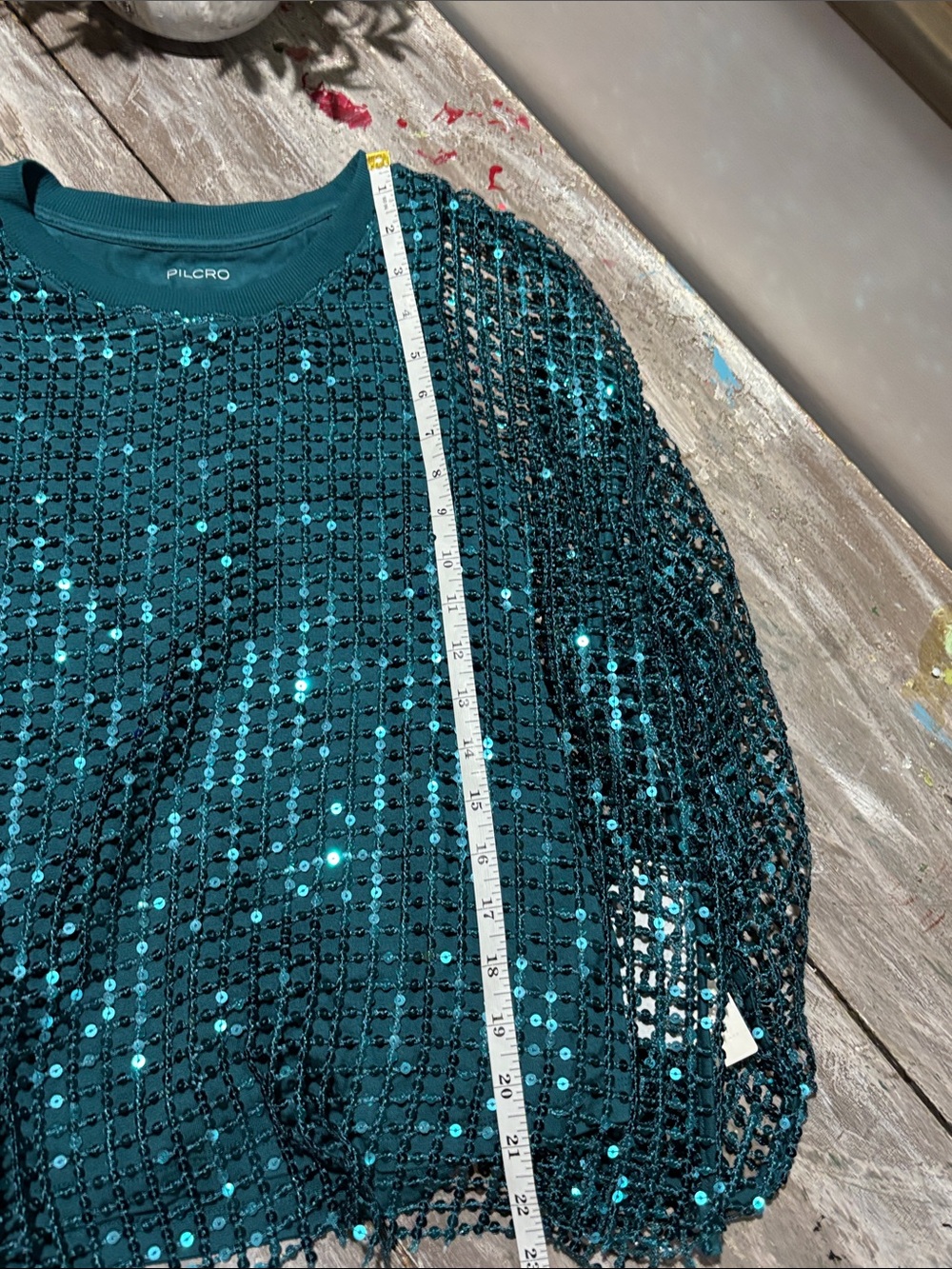 NWT Anthropologie Pilcro Sequin Shine Mesh Top - Teal / Turquoise - Size [S] - Picture 10 of 11